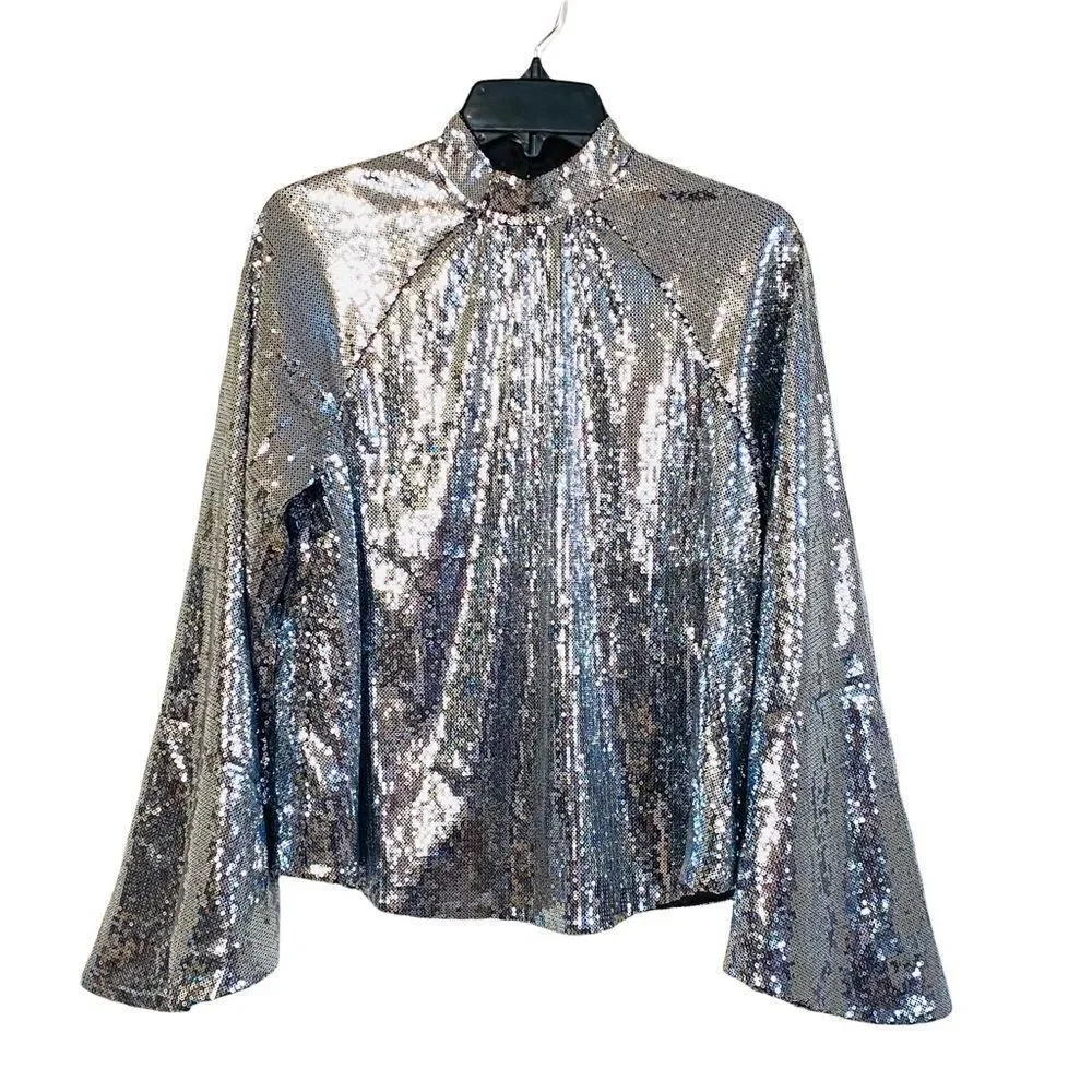 RtA Tennessee Peasant Silver Sequin Bell Sleeve Top Sz XS NWT - Picture 7 of 16